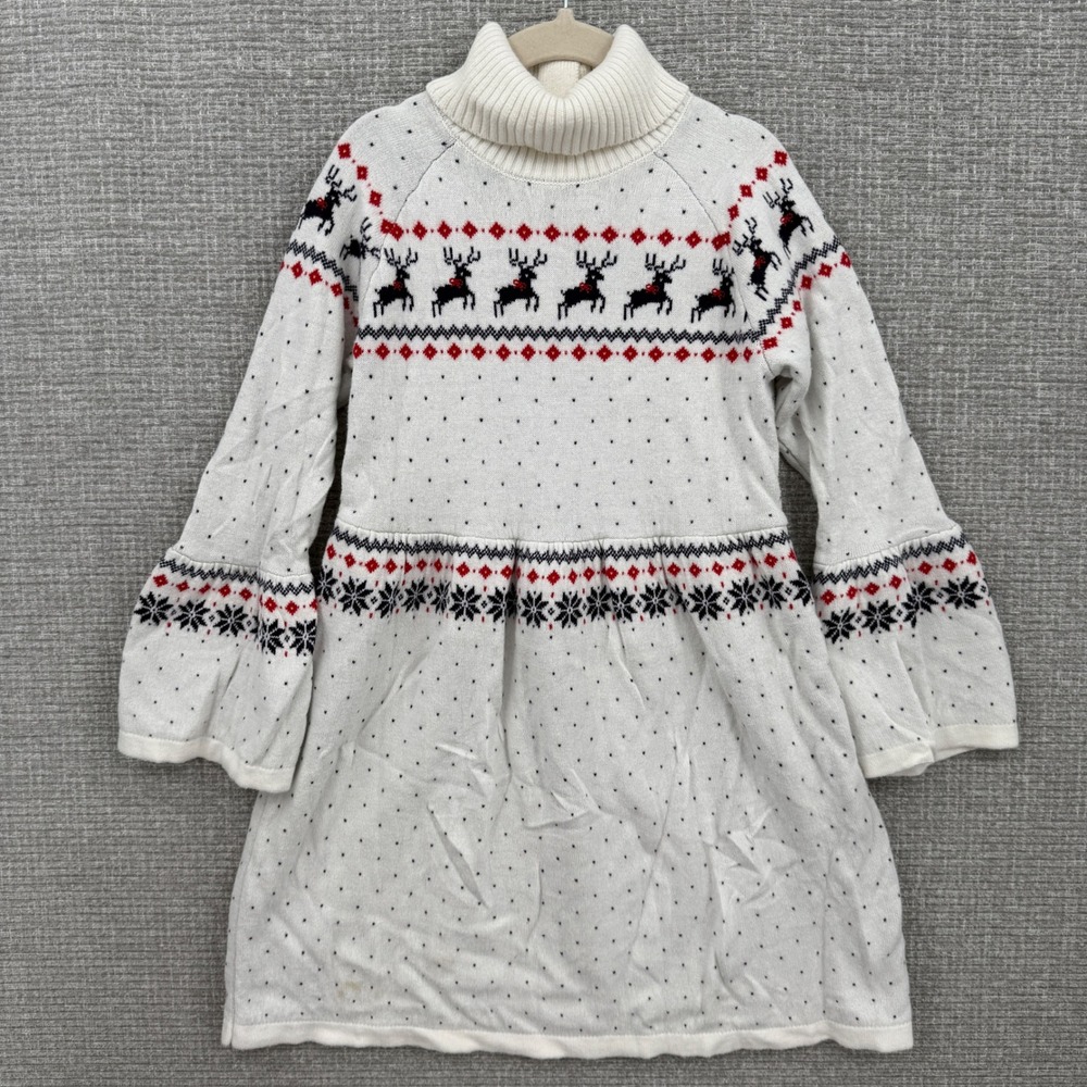 Janie and Jack Girls Size 6 Fair Isle Reindeer Knit Turtleneck Dress Christmas‎
